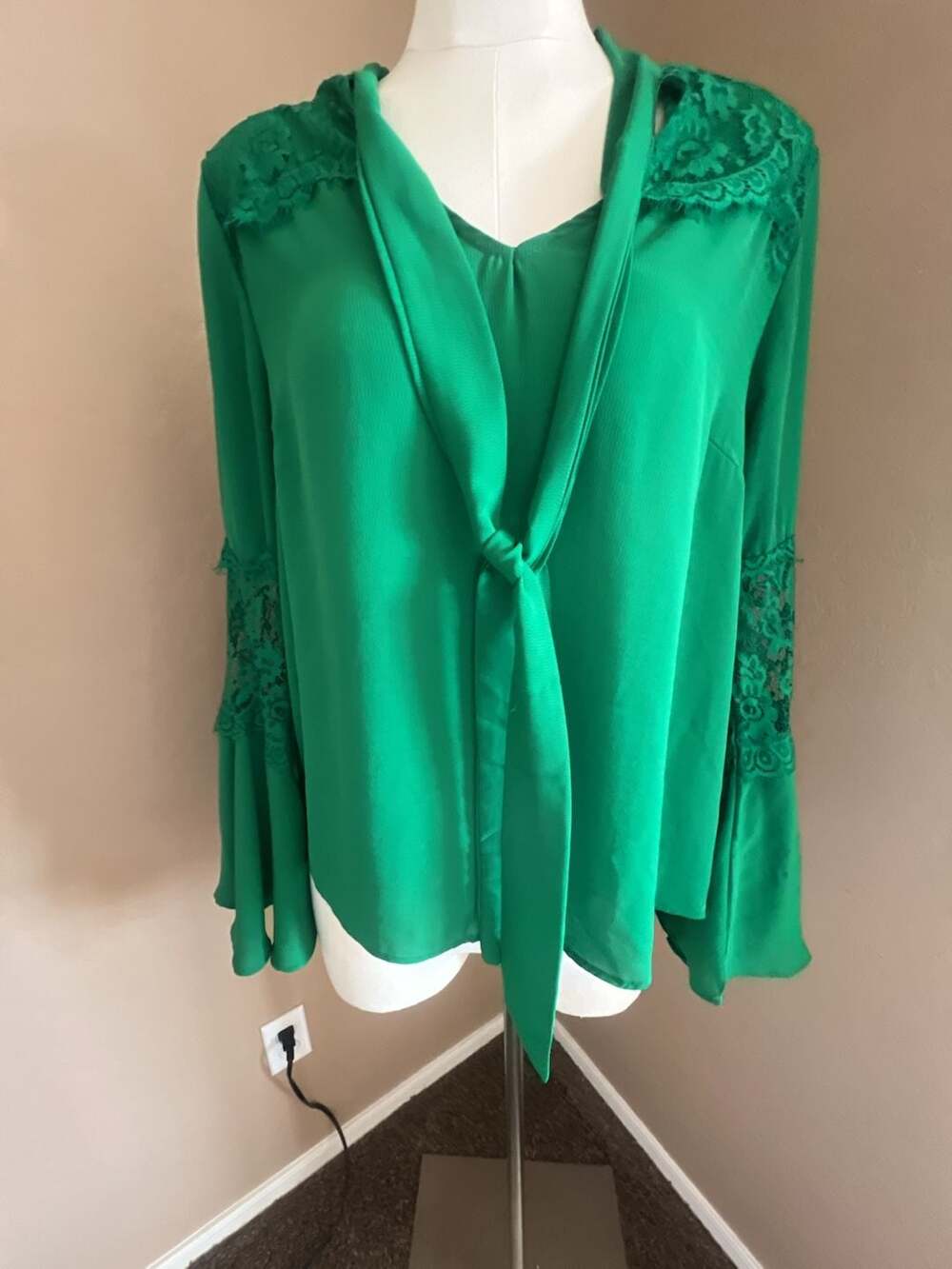 Haute Monde Green Tie-Neck Blouse with Lace Bell Sleeves